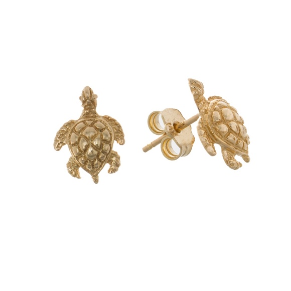 14k Yellow Gold Nautical Mini Sea Turtle Post Earrings w Push Friction Back - Picture 1 of 9